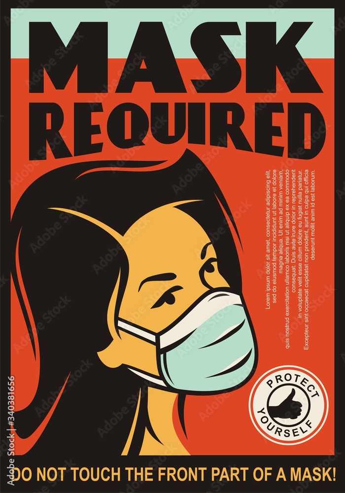 Mask required door sign design template. Girl with safety mask comic ...