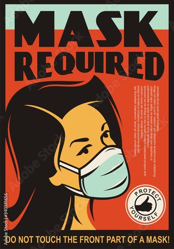 Mask required door sign design template. Girl with safety mask comic style drawing. Vector virus protection illustration. 