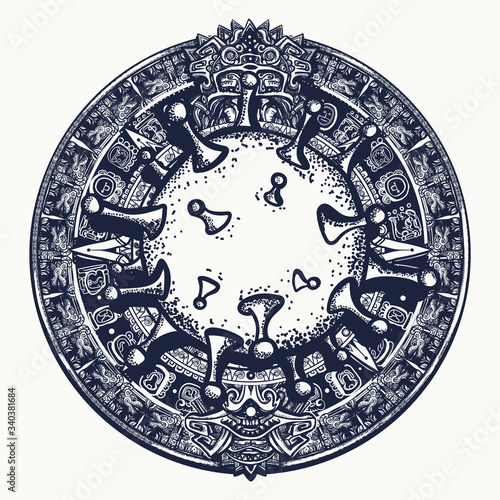Aztec sun stone and coronavirus virus. COVID-19 art. Color tattoo and t-shirt design. Mayan calendar. Ancient hieroglyph signs and symbols. Mexican mesoamerican monolith. Totem