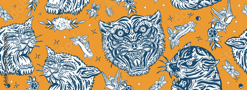 Tigers seamless pattern. Old school tattoo. Pop culture style. Asian wild cats heads, japan animals. Vintage traditional tattooing