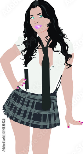 Schoolgirl Vector, white shirt, plaid skirt, sexy.