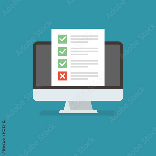 DIsplay monitor in flat style with list and checkbox and marks. Desktop computer with checkbox screen. Online form survey on pc computer.