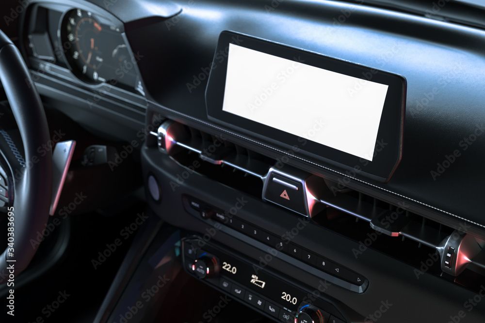 Vehicle Monitor Near Motor Wheel With White Blank Screen in Modern Car Interior. Side View. 3d Rendering.