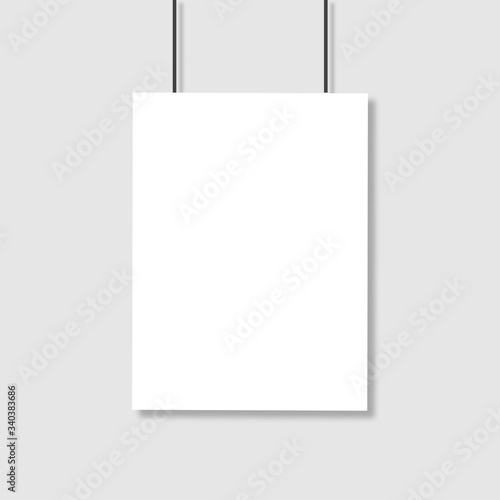 White poster mockup on grey wall. Empty A4 format suspended on strings. Vector illustration eps10.