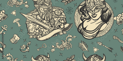 Medieval barbarian and woman warrior. Vikings seamless pattern. Old school tattoo background. Scandinavian culture. Valhalla art. Northern history