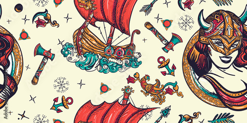 Vikings seamless pattern. Old school tattoo style. Scandinavian culture. Valhalla art. Long boat and woman warrior. Northern history background