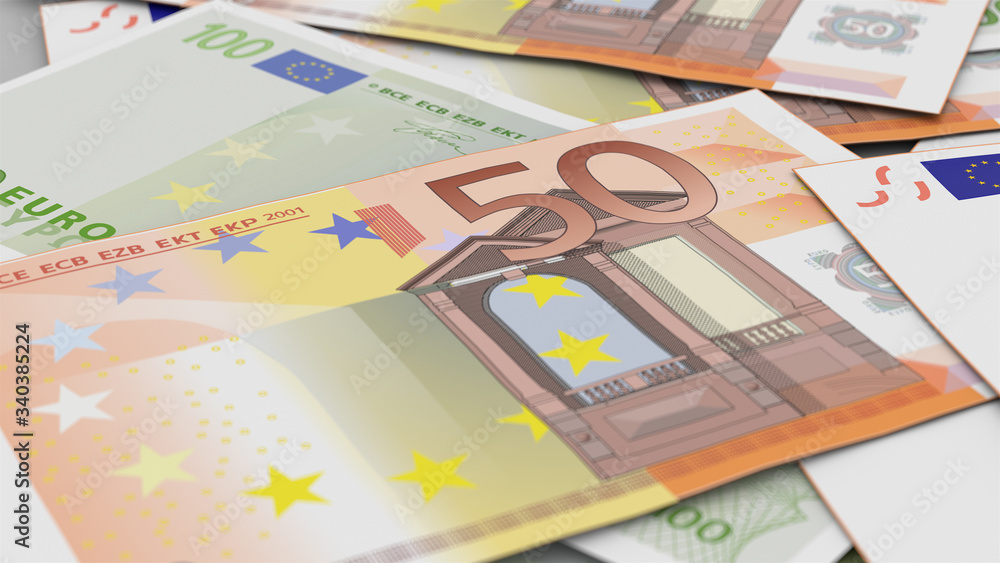 Background of fifty and one hundred euros banknotes with a depth of field. 3d illustration. Background of fifty and one hundred euros banknotes with a depth of field. 3d illustration.