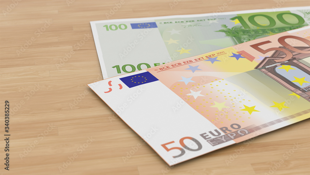 Two euros banknotes with a depth of field on a wooden background. 3d illustration. Two euros banknotes with a depth of field on a wooden background. 3d illustration.