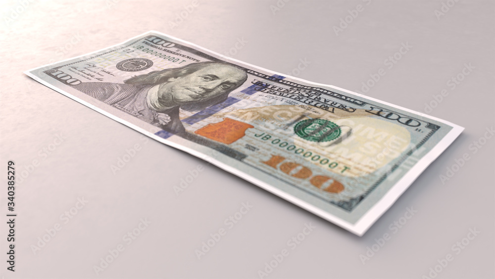 One hundred dollar banknote on white background with depth of field. 3d illustration. One hundred dollar banknote on white background with depth of field. 3d illustration.