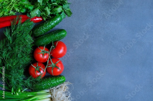 Freshly picked vegetables-tomatoes, cucumbers, onions, peppers, dill, coriander on a dark gray background. Vegetable composition 