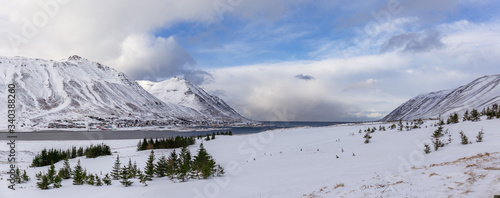 Panoramic view of Siglufjordur town and near mountains, Northern Fjords, Iceland, Europe