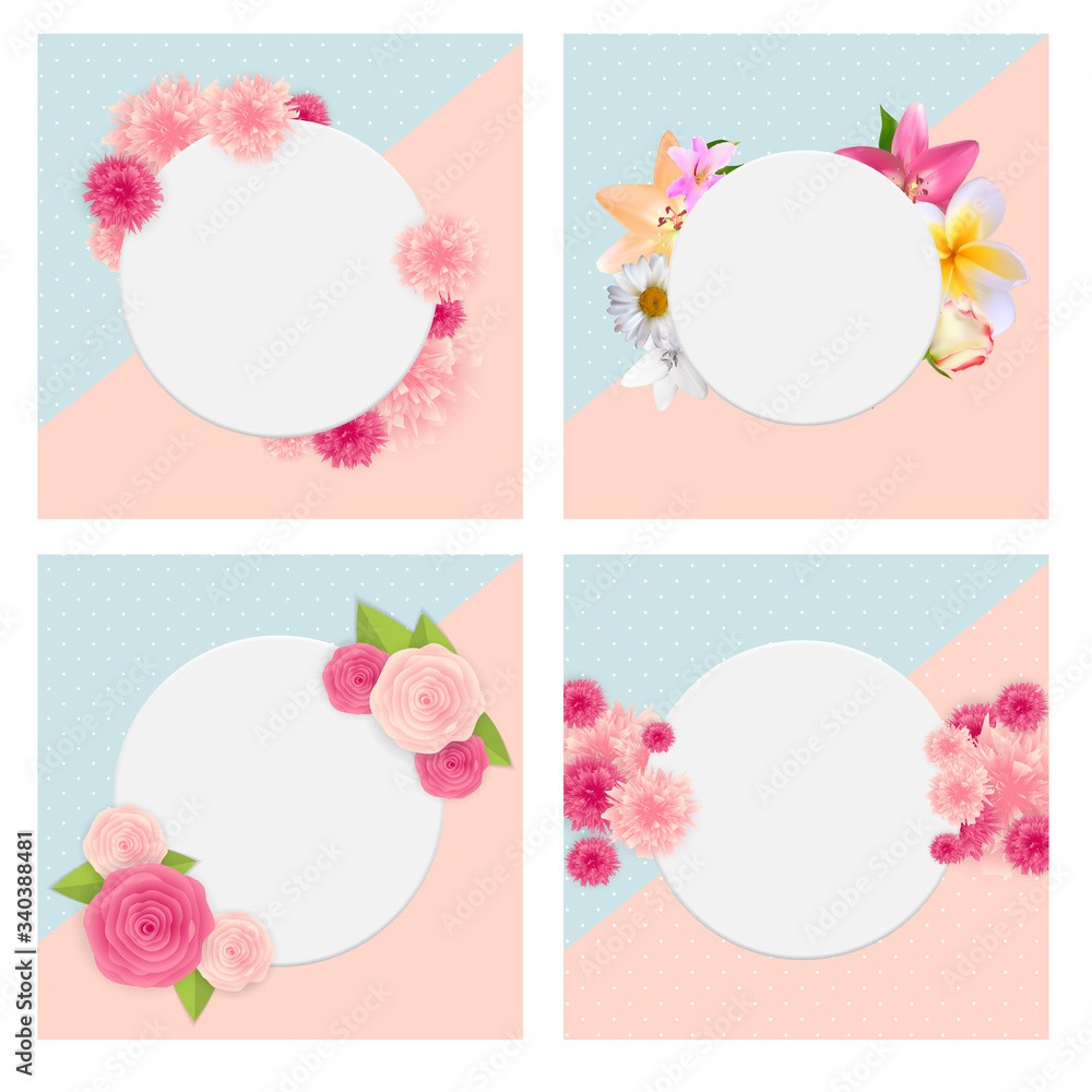 Cute Background with Frame and Flowers Collection Set. Vector Illustration