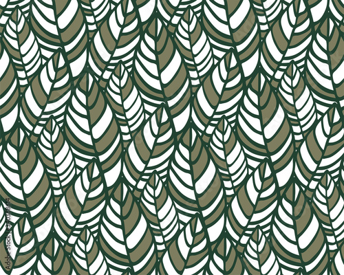 Floral simple minimalist seamless pattern graphic design for paper, textile print, page fill. Hand-drawn green leaves on a white background. Great for scrapbooking, packaging, textiles, fabrics.