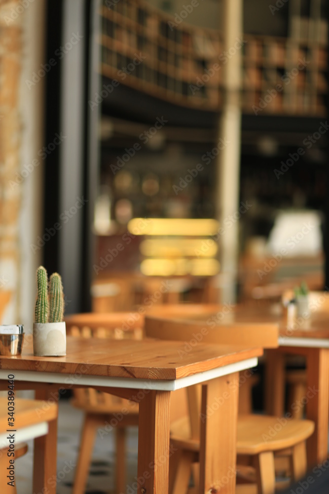 image of wooden table with cactus on top in front of abstract blurred background of restaurant lights