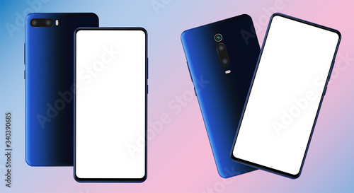 Realistic set of two modern smartphone mockups with blank frameless screens. Template for infographics or presentation. Vector illustration