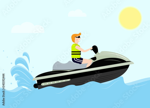 Man with life vest on jet ski. Vector jet boat scooter .