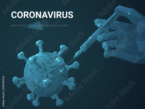Abstract modern business background vector depicting cure concept with polygonal hand injecting vaccine into the virus cell on dark blue background