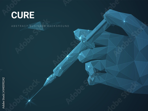 Abstract modern business background vector depicting cure concept with polygonal hand holding injection with vaccine on dark blue background