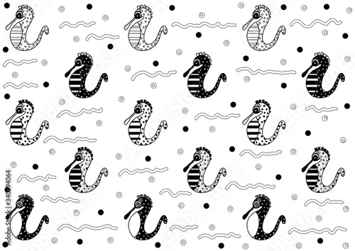 Cute little sea horse, black and white hand drawing, line illustration repetitive pattern © oreans