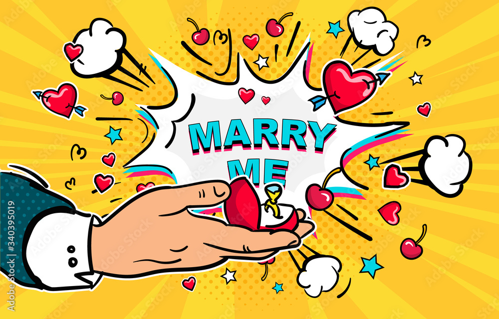 Man opening box with a ring to make an offer - marry me concept. Pop Art comics icon Man opening box with a ring to make an offer - marry me concept. Pop Art comics icon