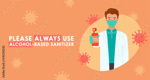 Doctor showing sanitizer in her hand. COVID-19 prevention. Alcohol-based sanitizer. Vector illustration
