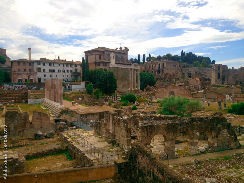 Fototapeta premium The Roman Forum in the center of Ancient Rome, together with the adjacent buildings. Italy