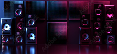 Neon Glowing Purple Blue Performance Music Studio Vibrant Electric Synthwave Club Loud Speakers Show Event Empty Room Shiny Stage Poidum Concert 3D Rendering photo