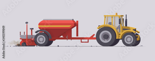 Vector tractor & planting seeder. Planting or seeding. Isolated illustration