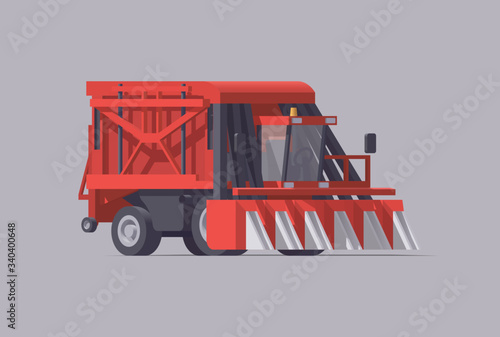Vector red cotton picker. Square bale cotton harvester. Isolated illustration