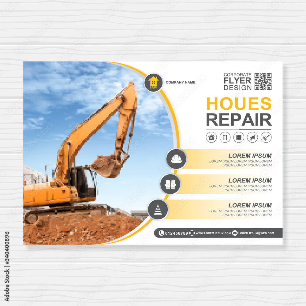 Excavator or dozer cover A4 template for construction brochure design Excavator or dozer cover A4 template for construction brochure design