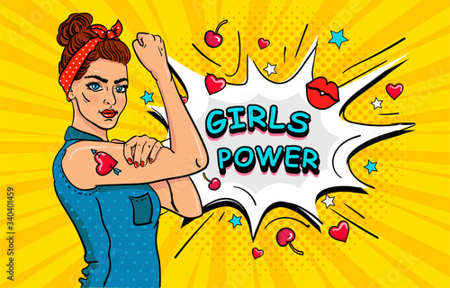 Girls power poster. Pop art sexy strong girl. Classical american symbol of female power, woman rights, protest, feminism. colorful hand drawn background in retro comic style with speech bubble vector