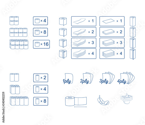 Toilet paper icon and symbol set. Paper towel package information signs. Vector graphic illustration isolated