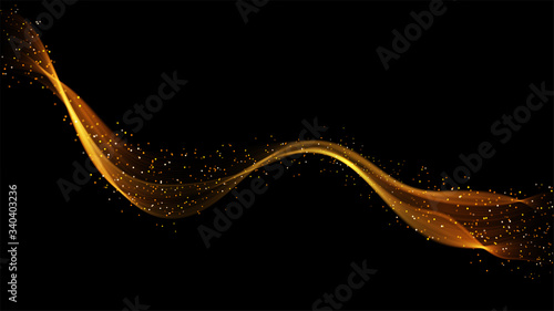 Abstract dark background with fire or gold curves. Light line gold swirl effect. Vector glitter light fire flare with sparkling particles on black background. Magic sparkle swirl magic effect.