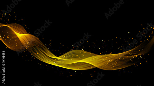 Abstract dark background with fire or gold curves. Light line gold swirl effect. Vector glitter light fire flare with sparkling particles on black background. Magic sparkle swirl magic effect.