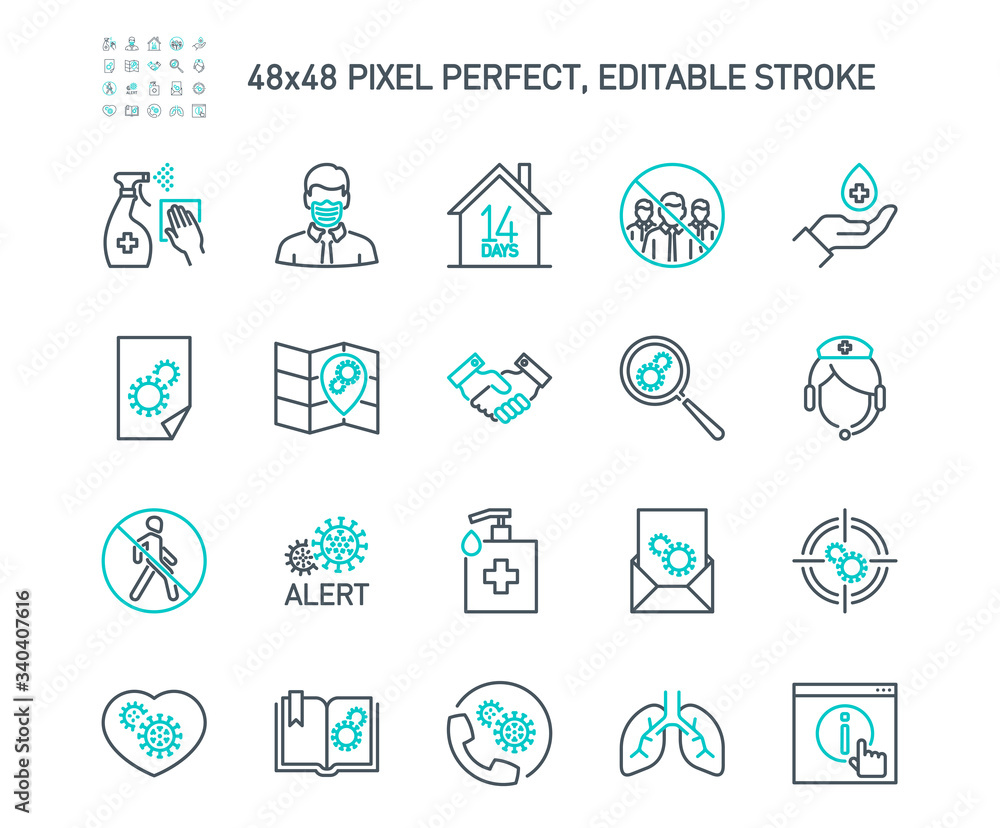 Simple Set of Coronavirus Protection Related Vector Line Icons. Contains such Icons as Protective Measures, Coronavirus Symptoms, Incubation Period and more. Editable Stroke. 48x48 Pixel Perfect. Simple Set of Coronavirus Protection Related Vector Line Icons. Contains such Icons as Protective Measures, Coronavirus Symptoms, Incubation Period and more. Editable Stroke. 48x48 Pixel Perfect.