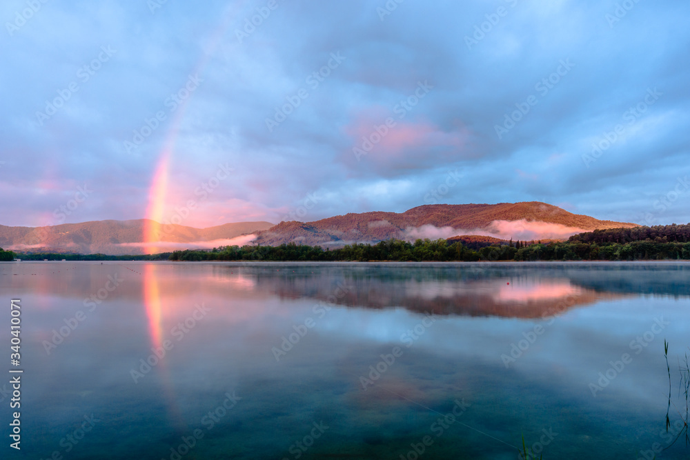 Rainbow at the Lake of Banyoles, at sunrise.