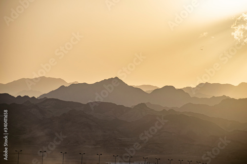 Spectacular sunrise over the mountain range at Dahab, South Sainai, Egypt 