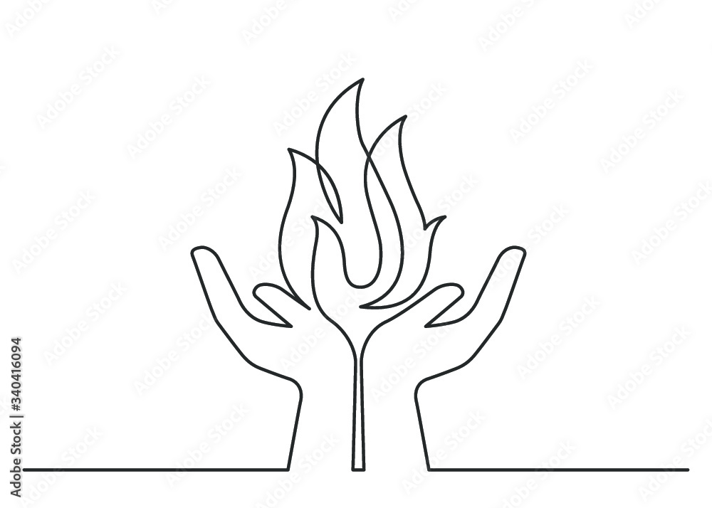 Continuous line drawing of flame in the hands. The fire between two human hands means life and care. Vector illustration Continuous line drawing of flame in the hands. The fire between two human hands means life and care. Vector illustration