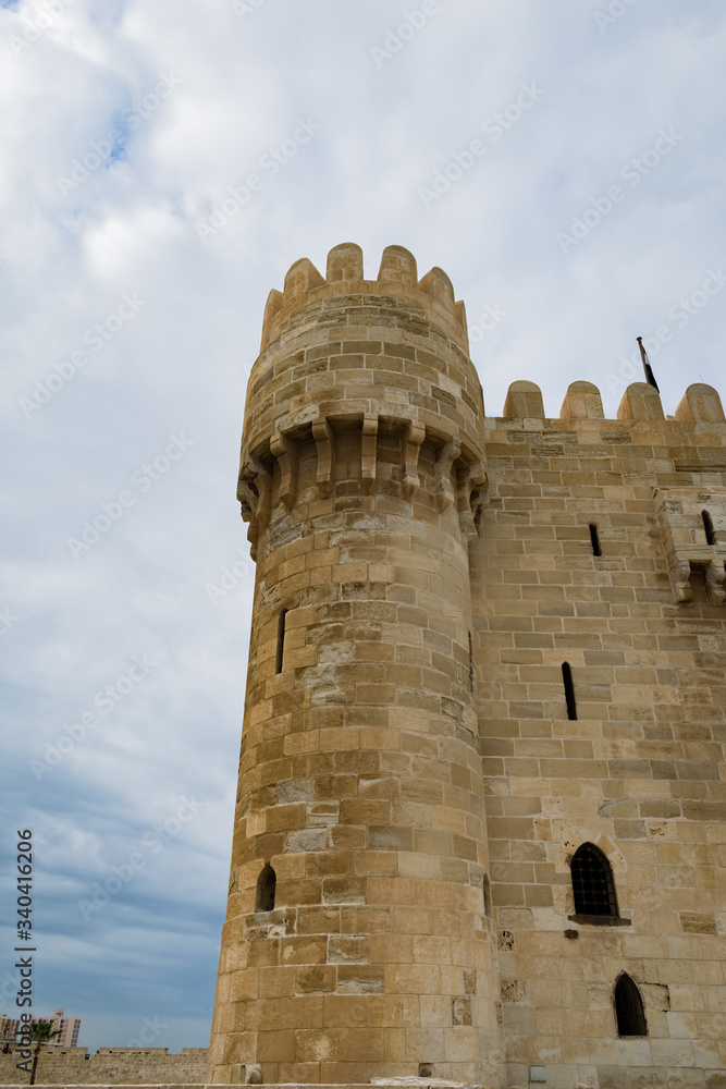 Side View Tower of Citadel of Qaitbay, Alexandria. Cloudy Day