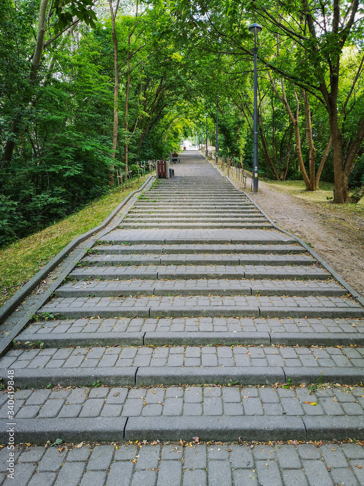 Brick stairway to top of hill with green trees and bushes around