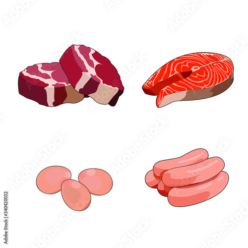 Beef meat steak, raw loin cuts. Red meat slices. Chicken sausages, poultry. Fresh salmon steak. Red fish fillet. Eggs. Breakfast food set full protein. Vector graphic illustration isolated