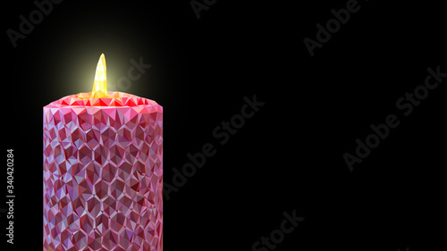 Pink poligon candle on black background and place for text. Banner, poster, card 