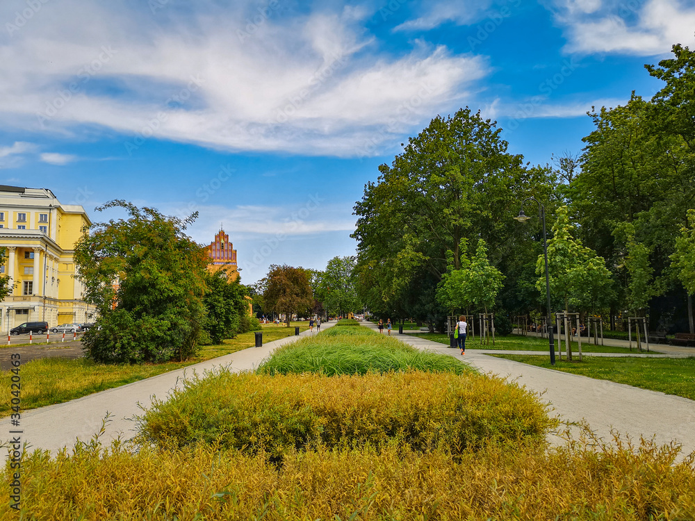 Obraz premium Pathways with colorful path with flowers and bushes between at sunny cloudy day