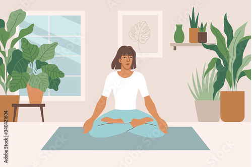 Vector illustration in flat cartoon simple style with character - woman doing yoga during lockdown and coronavirus quarantine - stay at home and exercise