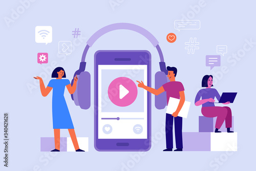 Vector illustration in flat cartoon simple style with characters - podcasting concept - podcast series and broadcasting app, interviews and radio hosts interviewing guests