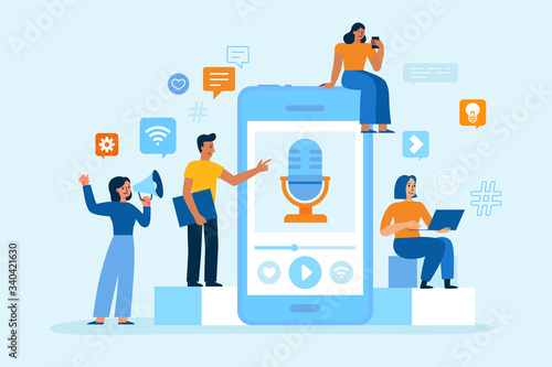 Vector illustration in flat cartoon simple style with characters - podcasting concept - podcast series and broadcasting app, interviews and radio hosts interviewing guests