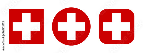 Set white cross on red background. Medical symbols isolated - stock vector