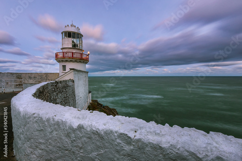 Aerial view As daylight begins yielding to twilight, The Wicklow Lighthouse at Wicklow, Ireland Wicklow Head Lighthouse has overlooked Wicklow’s exceptionally scenic coastline since 1781. Ireland photo