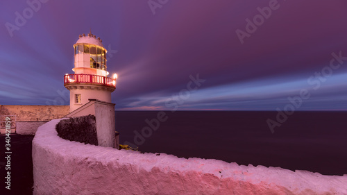 Aerial view As daylight begins yielding to twilight, The Wicklow Lighthouse at Wicklow, Ireland Wicklow Head Lighthouse has overlooked Wicklow’s exceptionally scenic coastline since 1781. Ireland