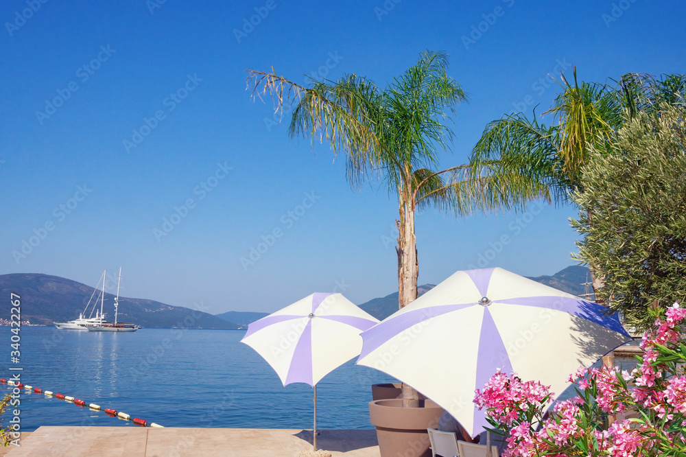 Summer beach vacation. Beautiful Mediterranean landscape.  Montenegro,  Adriatic Sea, Bay of Kotor, Tivat city